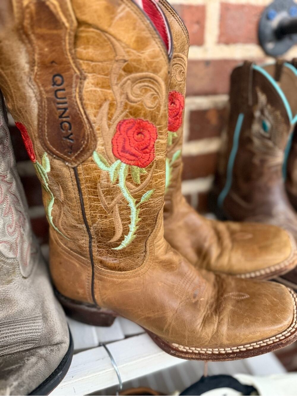 Quincy Red Rose Embroidery square toe western cowgirl boot with red interior 6.5